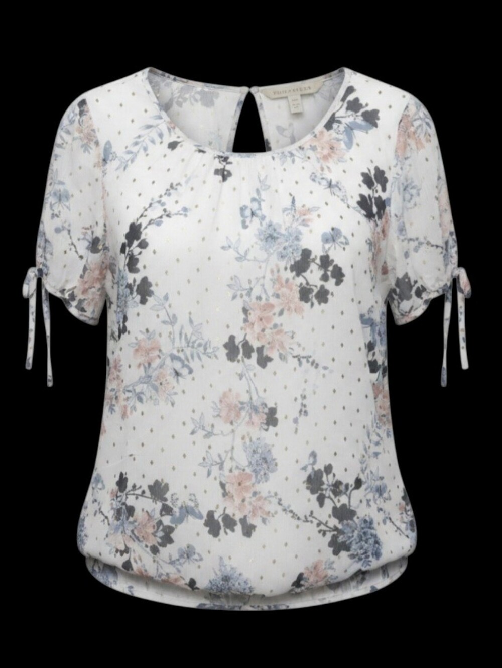 Lightweight Floral Scoop Neck Blouse - White with Pink & Blue Accents